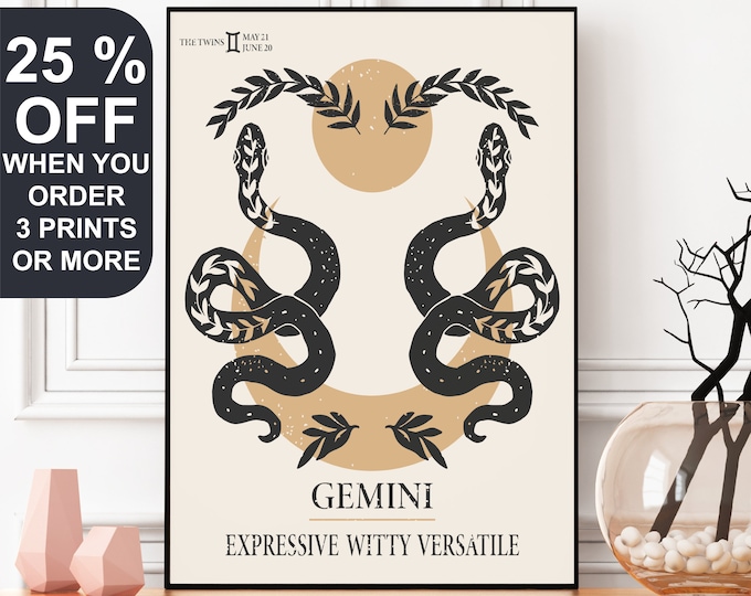 Gemini Astrology Print, Gemini Zodiac Gifts, Gemini Birthday Gift, Astrology Print, Zodiac Poster, Boho Wall Art, Gemini Art, Neutral Decor
