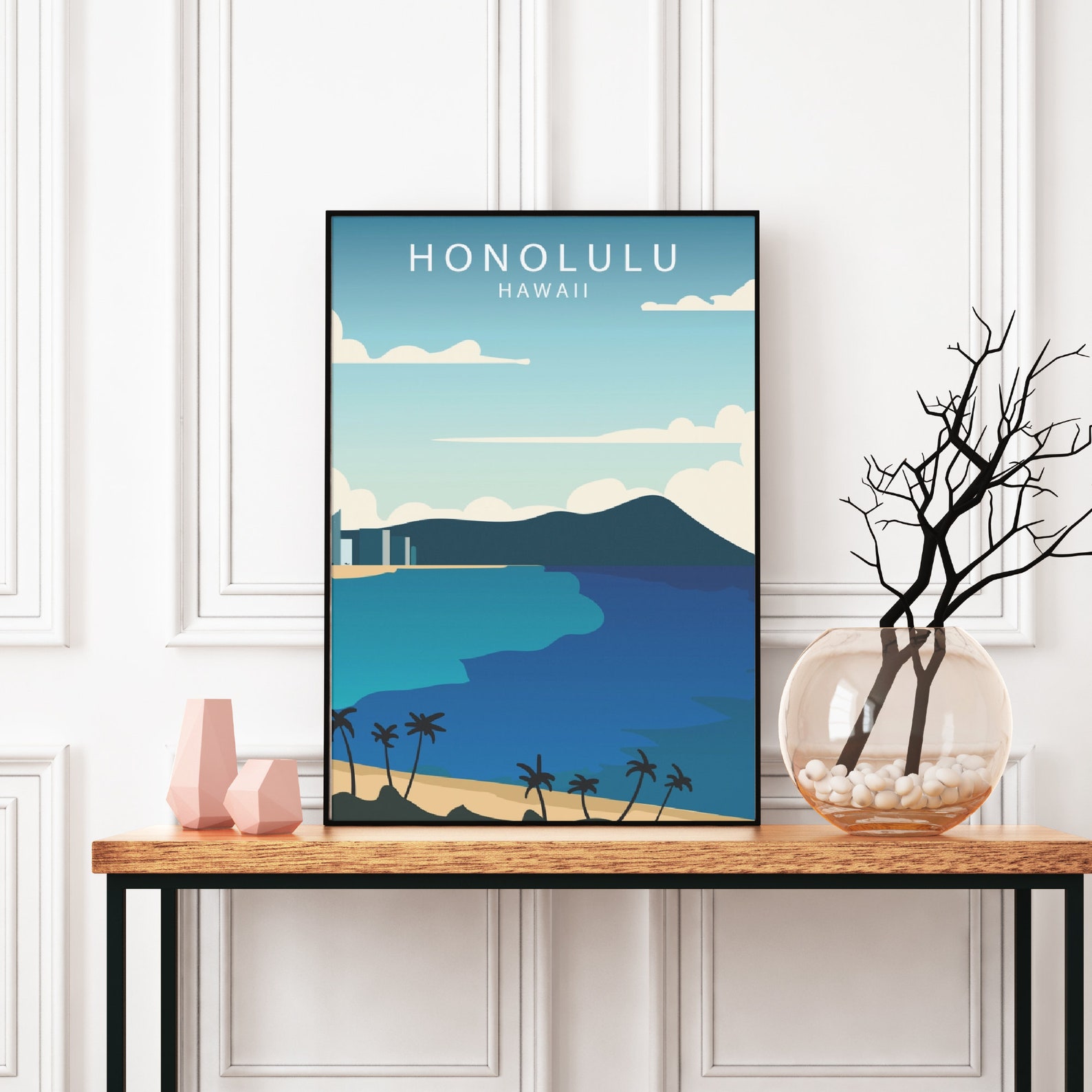 Honolulu Travel Poster Hawaii Print Beach Poster Palm Trees Etsy