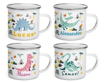 Personalized Mug, Campfire Dinosaur Kids Mug, Children Enamel Cup, personalized Enamel Mug for Kids, Boys Camp Mug, Enamel Mug Kids