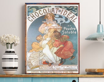 Art Nouveau, Alphonse Mucha, Chocolat Ideal, Art Nouveau Print, Vintage Poster, Victorian Decor, Chocolate Lover Gift, Retro French Art