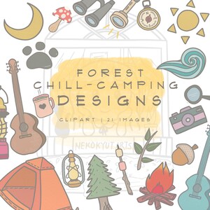 Camping Forest Clipart, Music Chill Design, Wanderlust, Campfire, Hand drawn digital sticker, Instant digital Download, Sun and Moon, woods