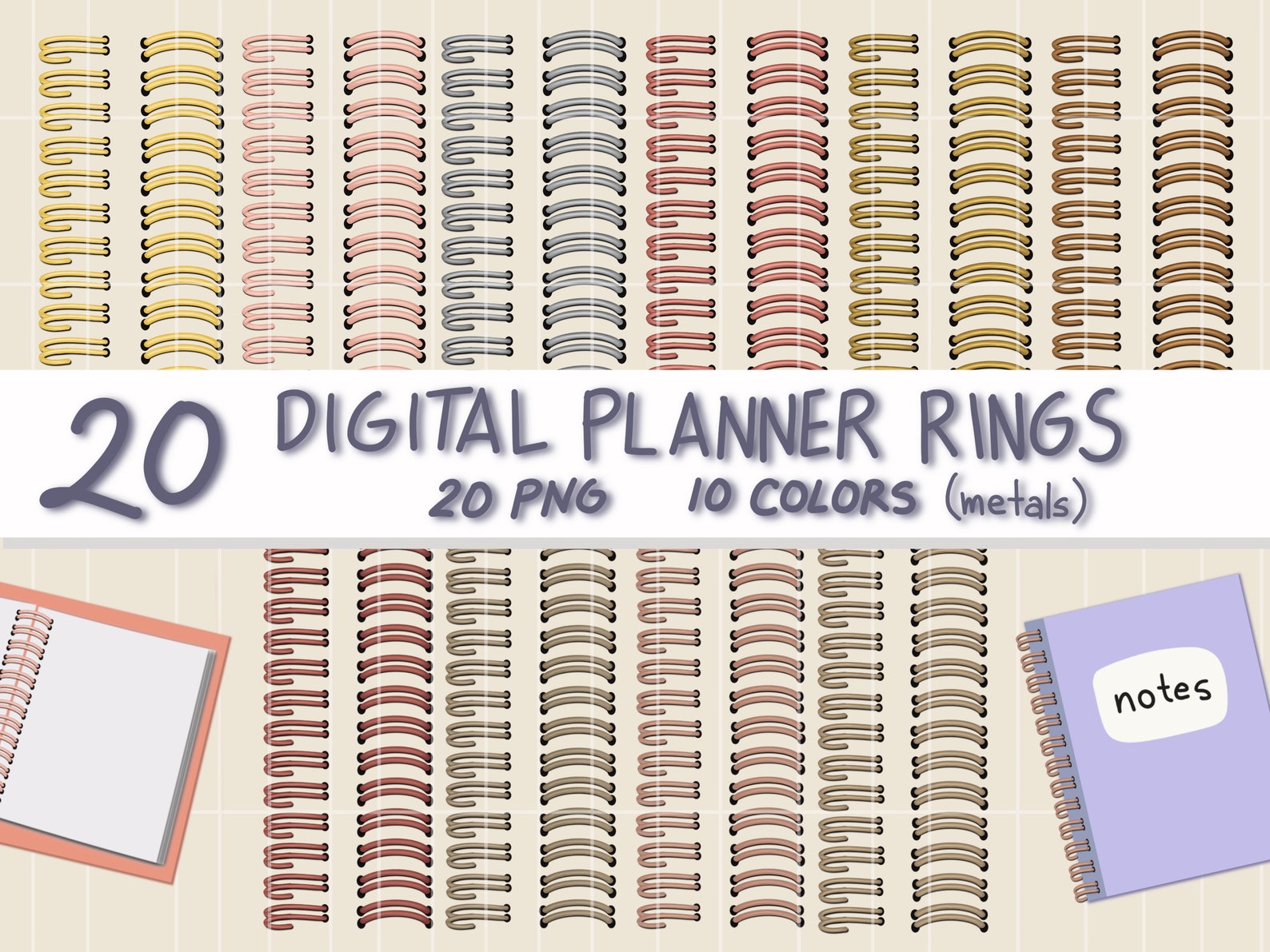 Metallic Digital Planner Rings, Digital Spiral Binder Rings, Clipart