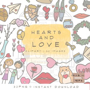 Clipart de diseño de corazones, amor de pareja, corazones rosas, amor de mascotas, pegatina digital dibujada a mano, rosas kawaii, vector de corazón, SVG, descarga instantánea