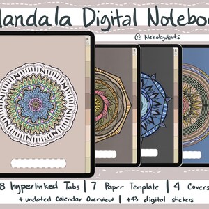 May include: A digital notebook with a mandala design on the cover. The notebook has 8 hyperlinked tabs, 7 paper templates, 4 covers, an undated calendar overview, and 43 digital stickers.