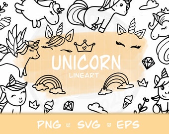 Unicorn svg digital stamp, Rainbow outline, Unicorn eyelashes Clipart, unicorn silhouette, Unicorn Coloring Page, Commercial Use, clouds