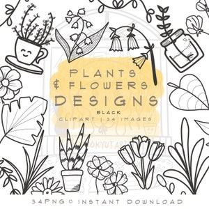 Plants and Flowers Black Line art, Digital Stamp, Line art printable succulent, Hand drawn digital sticker, COMMERCIAL USE, digital coloring