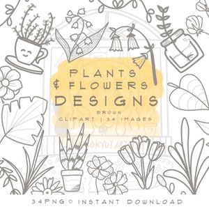 Plants and Flowers Brown Line art, Floral Digital Stamp, Kawaii plant clipart, Hand drawn digital sticker, COMMERCIAL, downloadable coloring