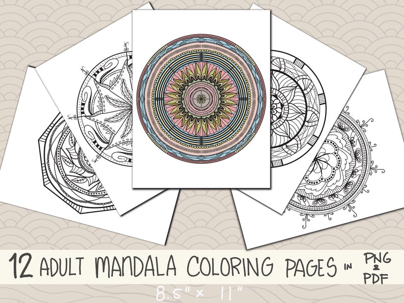 12 Mandala Coloring Pages, Stress Relief Coloring Book, Printable Coloring Pages for Adults ...