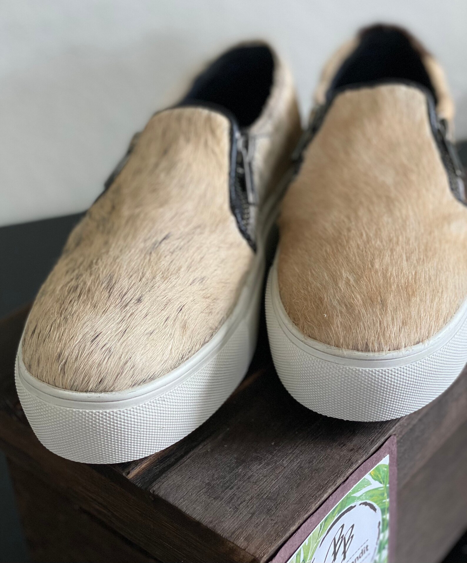 cow hide slip on shoes