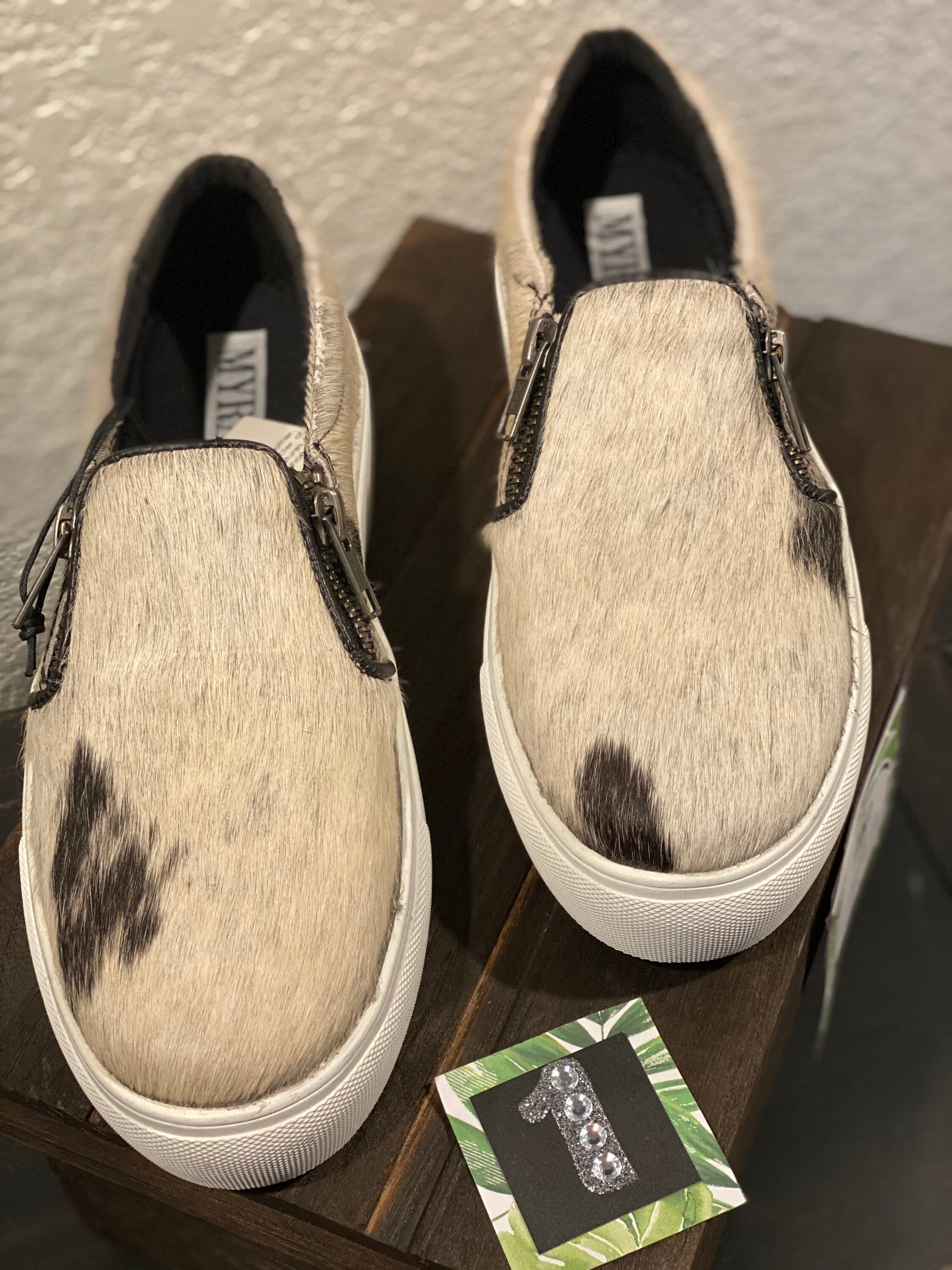 cow hide slip on shoes