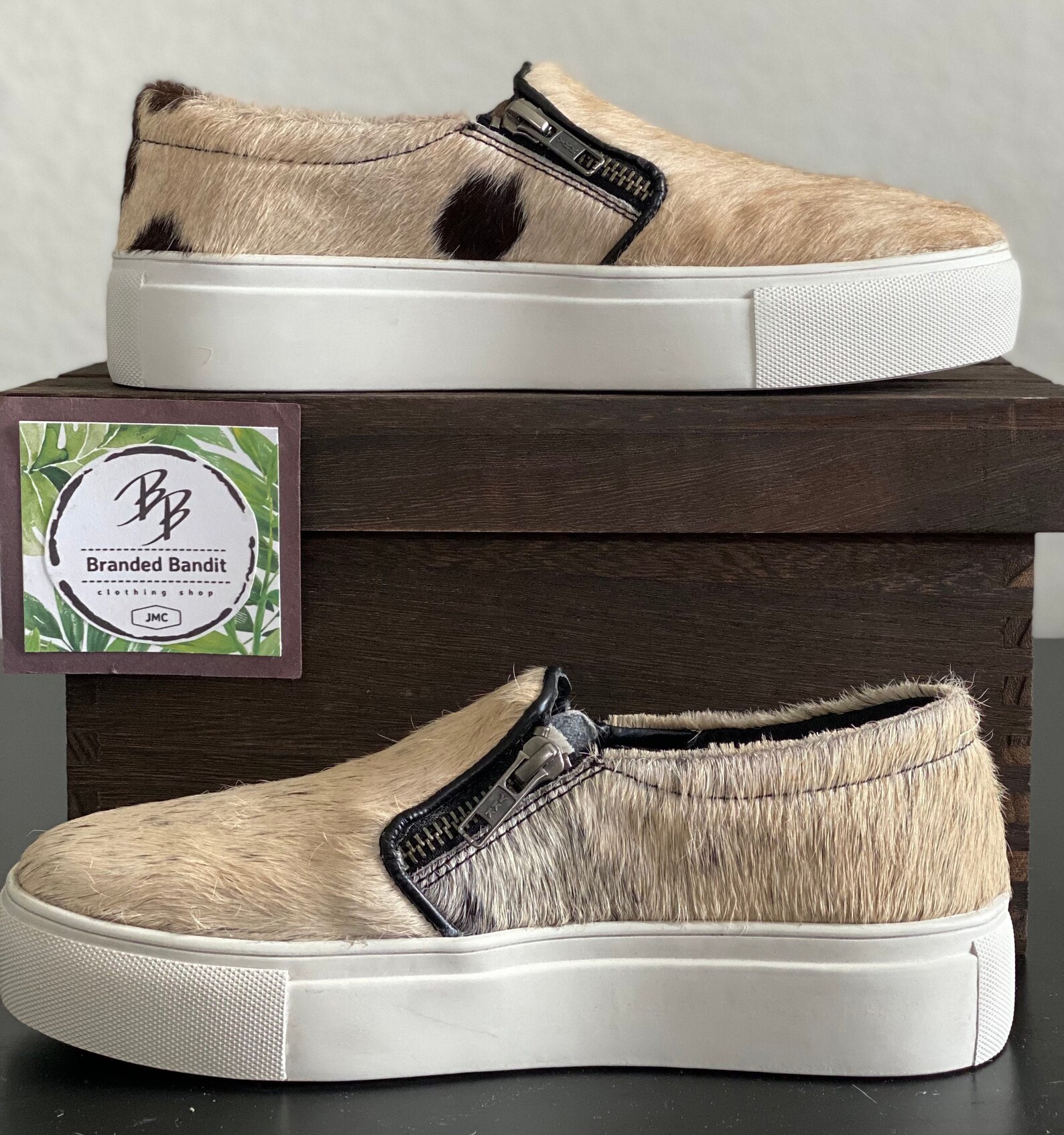 cow hide slip on shoes