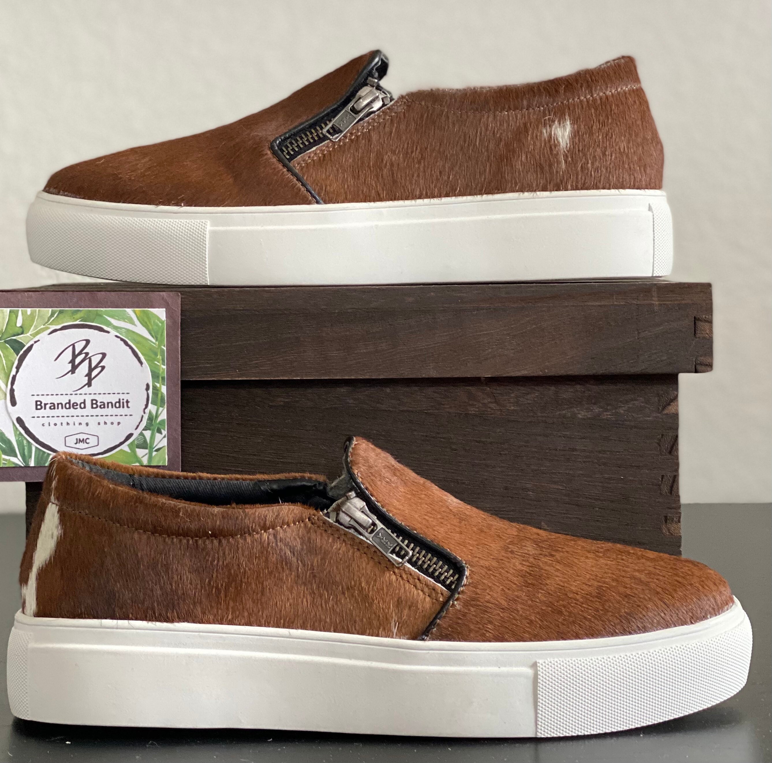 cow hide slip on shoes