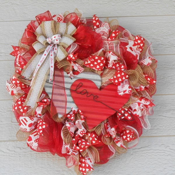 Valentines Day Deco Mesh Wreath,  Red , Burlap, Hearts Day, Love