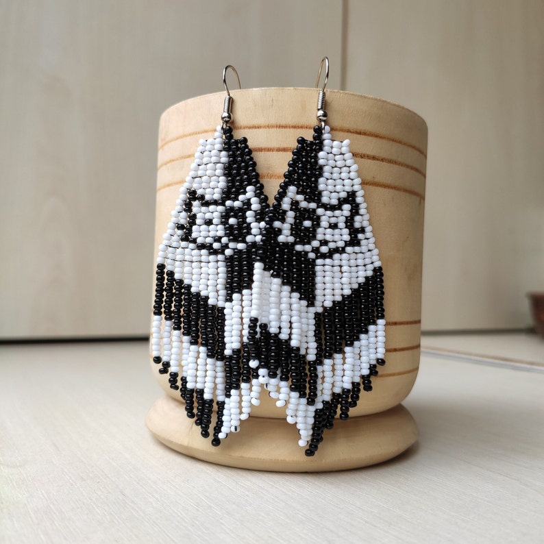 Black and White Cat Earrings Handmade Beaded Earrings Fringe Etsy