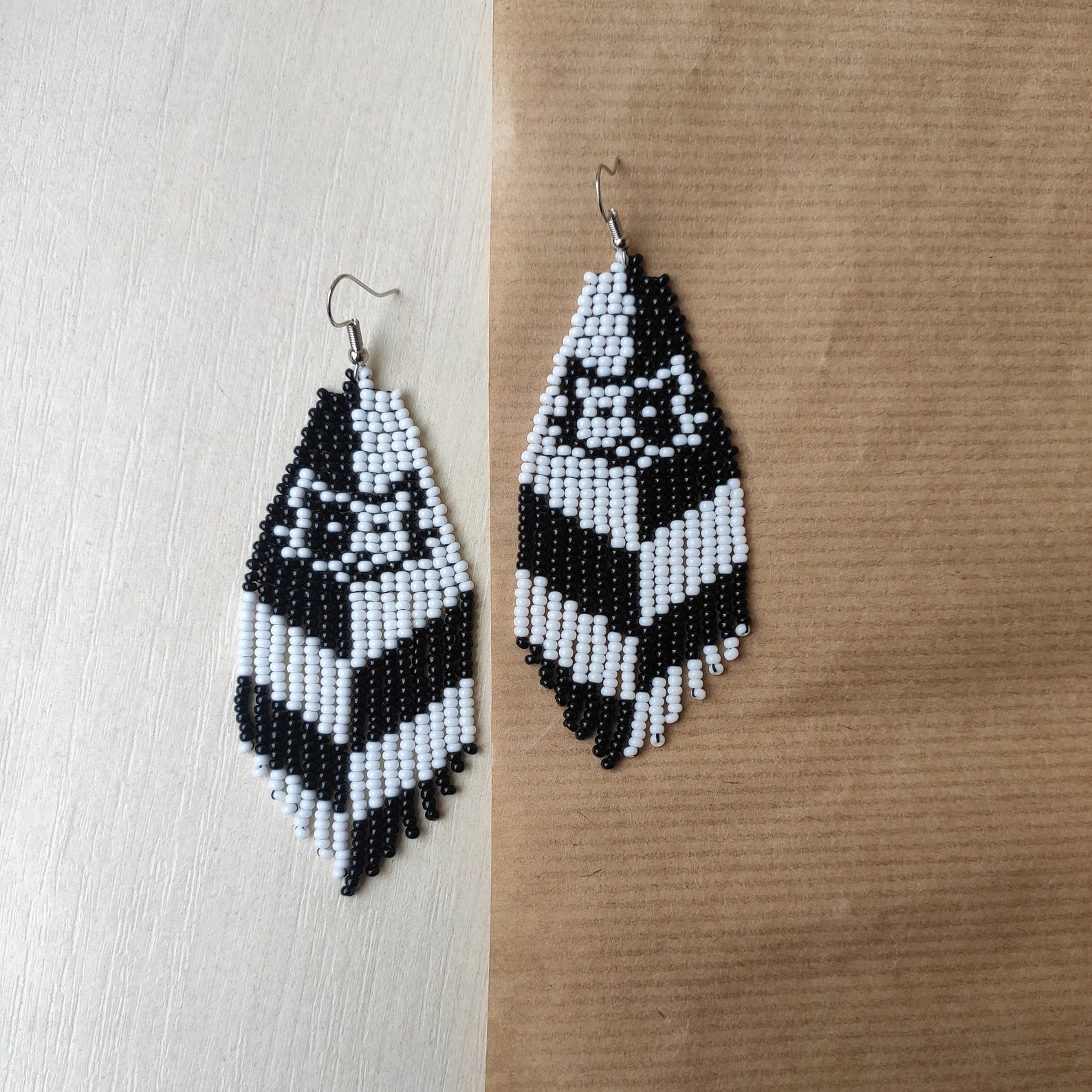 Black and White Cat Earrings Handmade Beaded Earrings Fringe Etsy