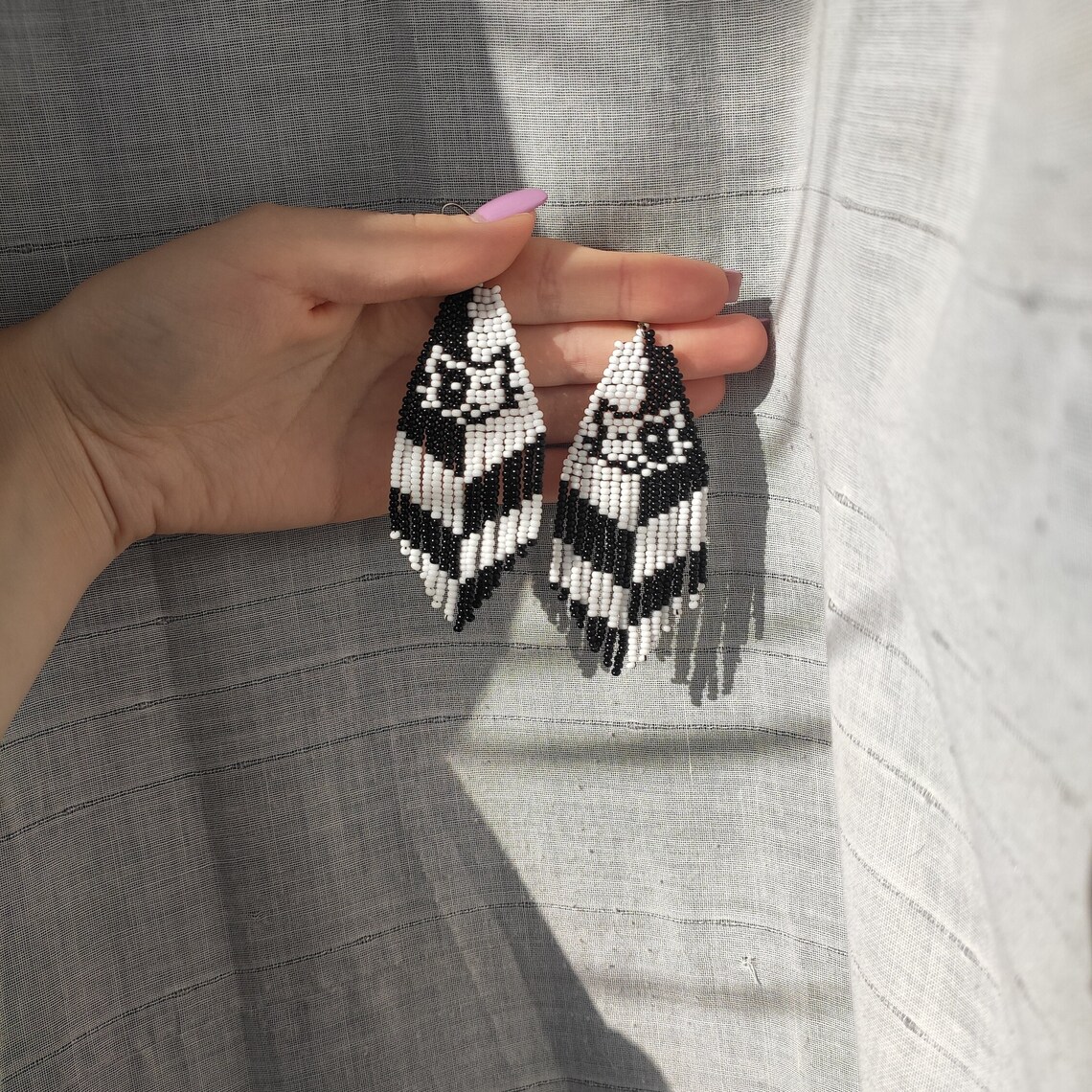 Black and White Cat Earrings Handmade Beaded Earrings Fringe Etsy