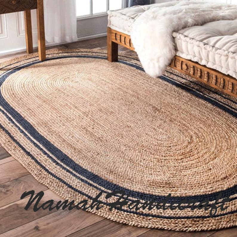 Beautiful Floor Rug Natural Jute Oval Rag Rugs Indian Handmade Handwoven Ribbed Solid Area Rugs Indian Braided Floor Rug Handmade Jute Rug