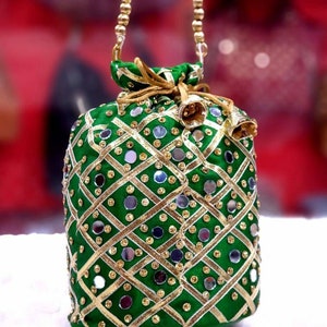 100 piezas de espejo indio Potli, bolso Potli para mujer, bolso hecho a mano, regalos de boda, cartera de mano, regalos de boda, lote al por mayor, regalo de devolución