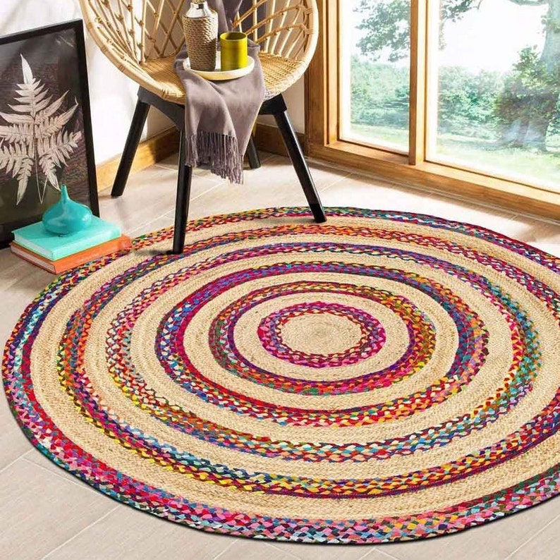 Home Decor Rug Braided Round Jute Rug Rag Hand Woven Indian Natural Jute Cotton Area Rug Indian Braided Hand made Natural Jute area Rugs