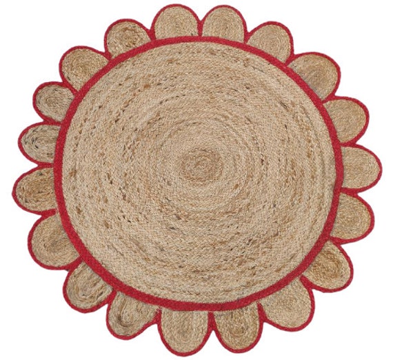 Scalloped Jute Red Border Rug Round Rug Jute Rug Round Jute Etsy