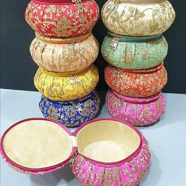 Handmade Golden Embroidery Jewelry Box,Wholesale Bangle Box, Indian Handmade Matki, Indian Wedding Favor, Mehendi Favors, Pooja Return Gifts