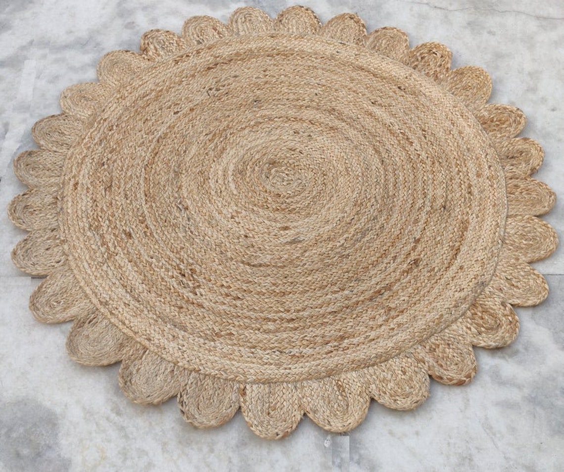 Jute Round Scalloped Rugs 4x4 feet Bohemian Living Room Rug Etsy