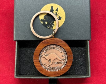 80th Birthday Gift Present 1945 Australian Penny Jarrah Keyring in a gift drawer box- many years available 1926 onwards