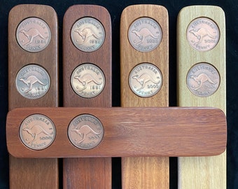 Aussie Hardwood Two-Up Game set with Australian pennies. Handmade Anzac Day two up kip