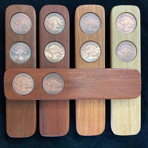 Aussie Hardwood Two-Up Game set with Australian pennies. Handmade Anzac Day two up kip