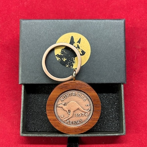 80th Birthday Gift Present 1945 Australian Penny Jarrah Keyring in a gift drawer box- many years available 1926 onwards