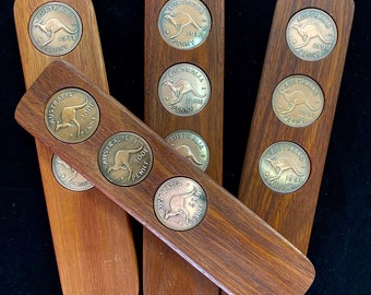 Aussie Hardwood Two-Up Game set with 3 Australian pennies. Handmade Anzac Day two up kip