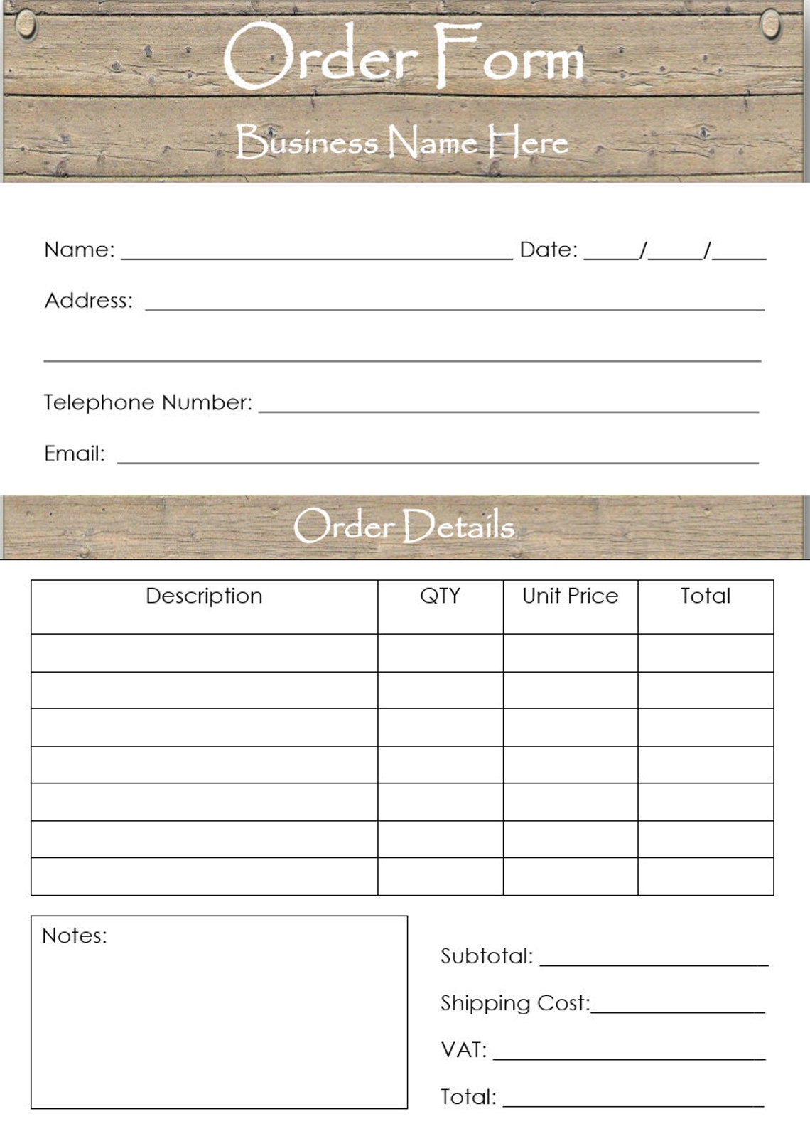 Order Form Template Printable Stationery Editable Template | Etsy