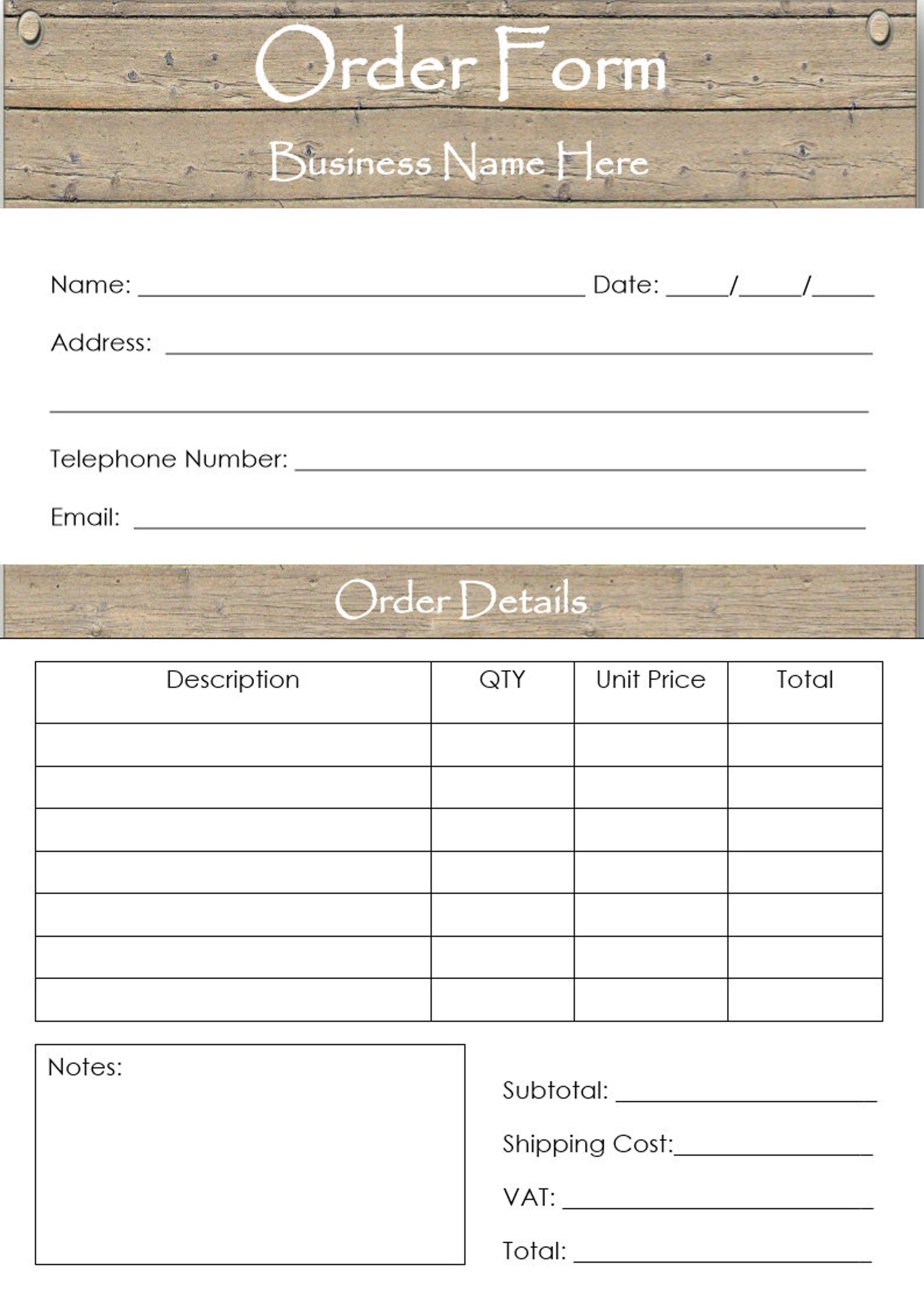 Order Form Template Printable Stationery Editable Template Etsy