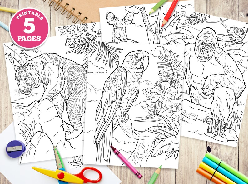 Download 5 Printable Digital Coloring Pages For Kids Jungle Animals Etsy