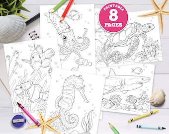 8 digital coloring pages for kids Sea Creatures, Sea Animals, tropical fish, underwater, depths of ocean, pdf, instant download, shark