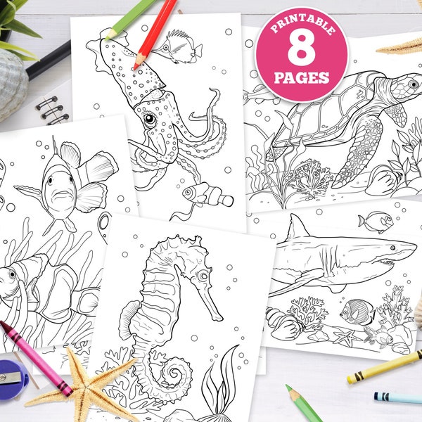 8 digital coloring pages for kids Sea Creatures, Sea Animals, tropical fish, underwater, depths of ocean, pdf, instant download, shark