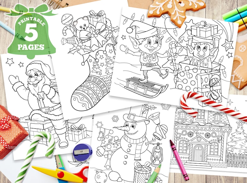 5 Pack Christmas Coloring Pages for Kids, Holiday, Winter, Printable ...