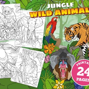 May include: A set of 24 printable coloring pages featuring jungle animals. The pages include a toucan, an elephant, a monkey, a tiger, a sloth, and a mandrill. The pages are black and white and ready to be colored.