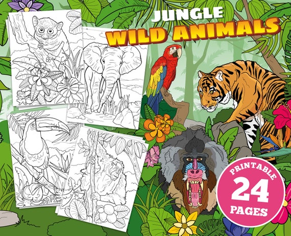 24 printable pages for kids Jungle Wild Animals tropical