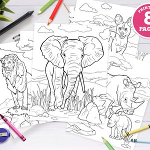 8 pack- Printable Digital Coloring Pages for Kids party, African Wild Animals, Illustrations, Safari, Animal coloring sheets, Printable PDF