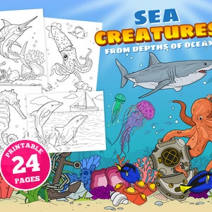 24 digital coloring pages for kids Sea Creatures, Sea Animals, tropical fish, pdf, underwater, depths of ocean, instant downolad, printable