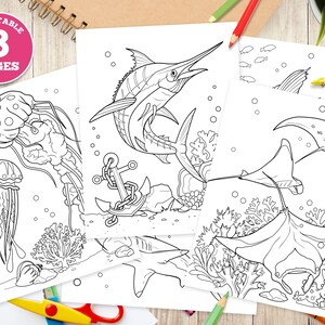 8 digital printable coloring pages for kids Sea Creatures, Sea Animals, sharks, tropical fish, underwater life, depths of ocean, pdf, marlin