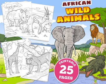 Puede incluir: Un conjunto de 25 páginas para colorear imprimibles con animales salvajes africanos. Las páginas incluyen un rinoceronte, una jirafa, un león, un elefante, una gacela, un leopardo y un cocodrilo. Las páginas son en blanco y negro y están listas para ser coloreadas.