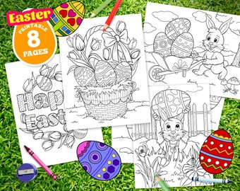 Easter digital coloring pages for kids, 8 pack, easter eggs, coloring book, instant download, spring, Easter activity, easter party, chick