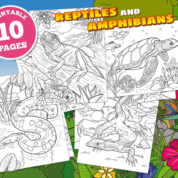 Reptiles et amphibiens pages de coloriage numériques pour enfants, lézards, serpents, imprimables, pdf, téléchargement instantané, art animalier, reptile, caméléon