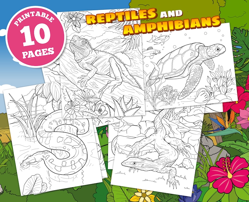 Reptiles and Amphibians Digital Coloring Pages for Kids, Lizards ...