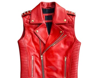 Men's Handmade Stylish Red Leather Vest | Biker Leather Vest Jacket | Men's Red Studded Leather Motorcycle Vest | Gift For her