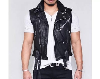 Men's Handmade Black Leather Punk Vest | Stylish Steampunk Vest | Biker Crop Leather Vest | Leather Motorcycle Vest | Leather Waistcoat
