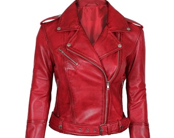 Handmade Red Women's Moto Lambskin Real Leather Jacket Motorcycle Slim fit Biker Jacket