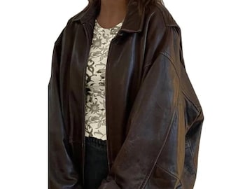 Blouson aviateur oversize marron vintage fait main en cuir véritable pour femme, veste en cuir oversize marron pour femme